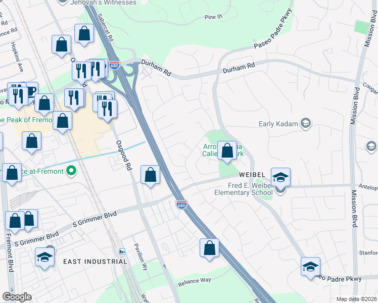 map of restaurants, bars, coffee shops, grocery stores, and more near 2082 Boxwood Way in Fremont