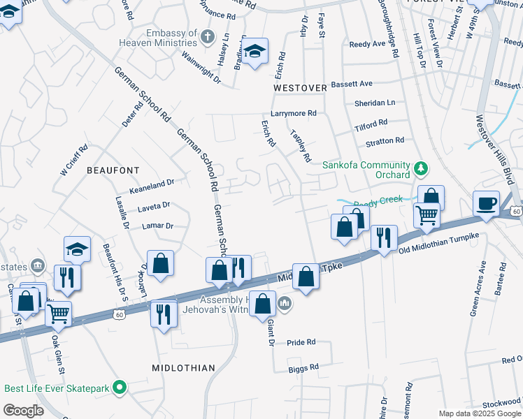 map of restaurants, bars, coffee shops, grocery stores, and more near 5700 Melmark Road in Richmond