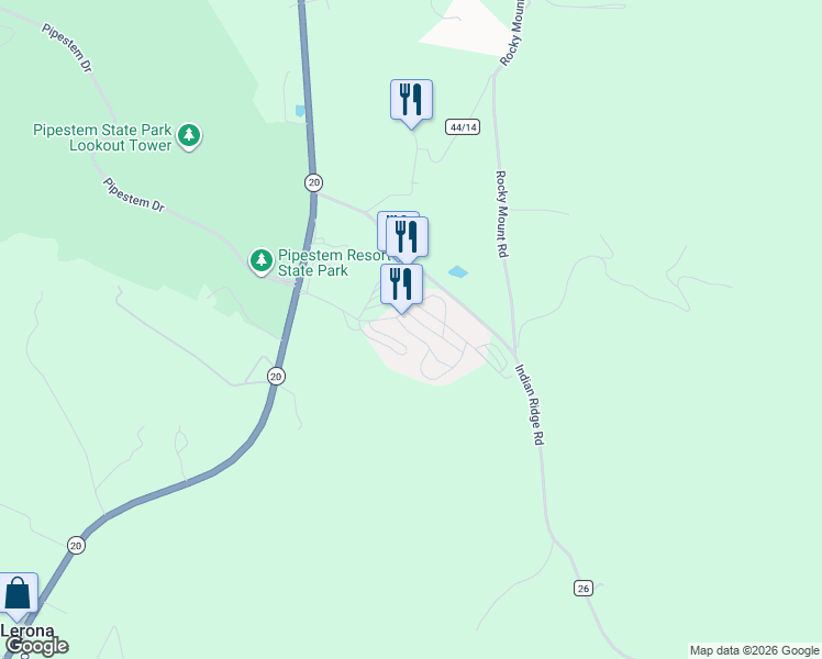 map of restaurants, bars, coffee shops, grocery stores, and more near 43 Rock Ridge Road in Pipestem