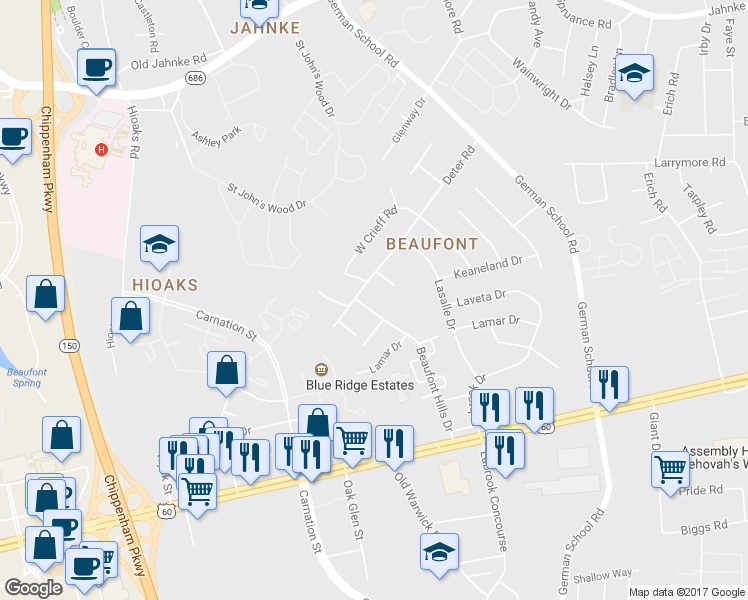 map of restaurants, bars, coffee shops, grocery stores, and more near 409 Vevadel Drive in Richmond