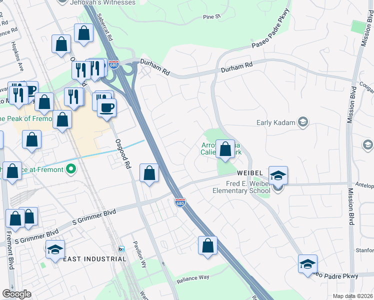 map of restaurants, bars, coffee shops, grocery stores, and more near 2082 Boxwood Way in Fremont