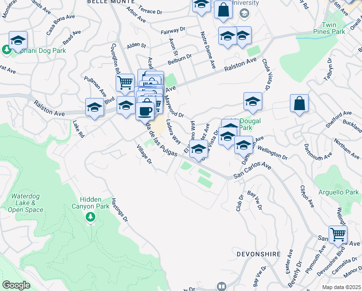 map of restaurants, bars, coffee shops, grocery stores, and more near 1224 Ladera Way in Belmont
