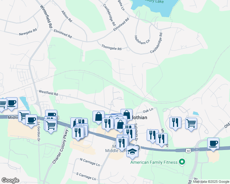 map of restaurants, bars, coffee shops, grocery stores, and more near 1448 Sycamore Mews Circle in Midlothian