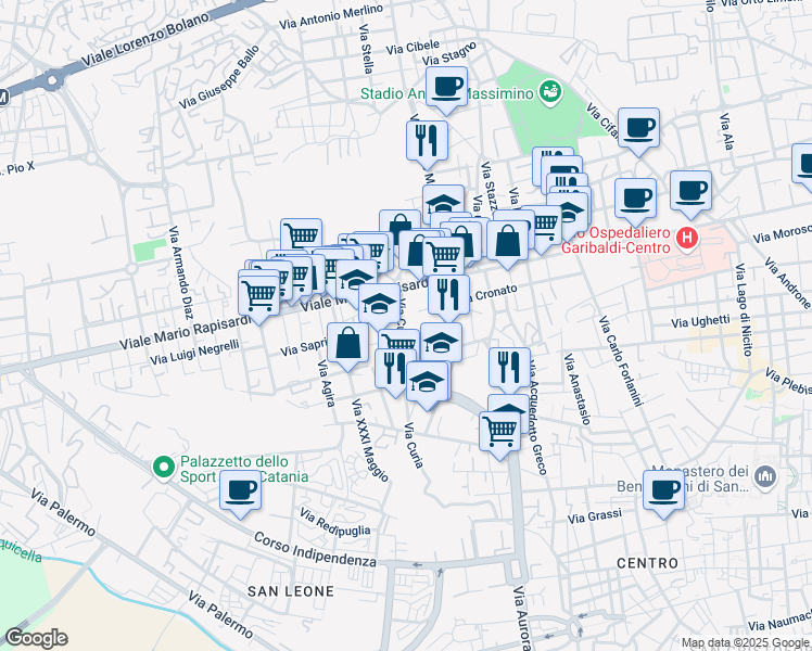 map of restaurants, bars, coffee shops, grocery stores, and more near 160 Via Curia in Catania