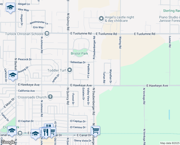 map of restaurants, bars, coffee shops, grocery stores, and more near 1800 Paddock Lane in Turlock