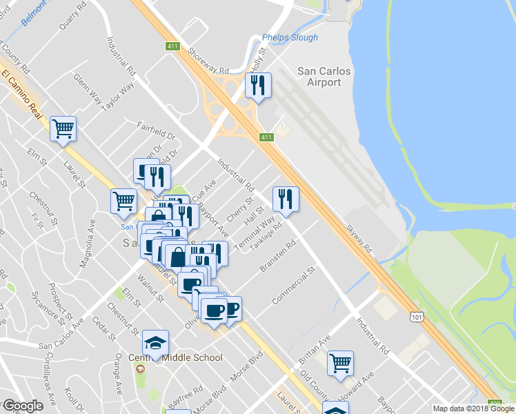 map of restaurants, bars, coffee shops, grocery stores, and more near 916 Hall Street in San Carlos