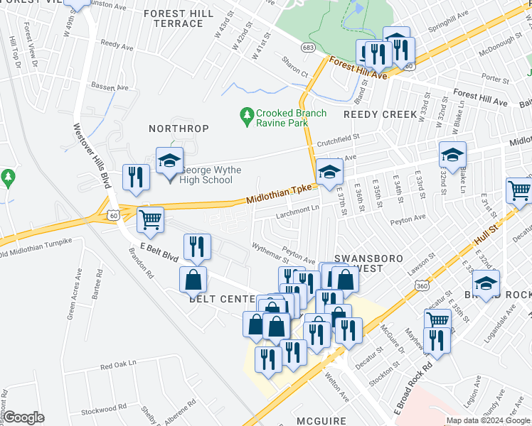 map of restaurants, bars, coffee shops, grocery stores, and more near 3915 Larchmont Ln in Richmond