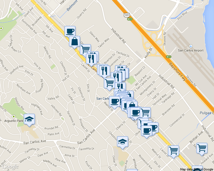 map of restaurants, bars, coffee shops, grocery stores, and more near 1122 Bush Street in San Carlos