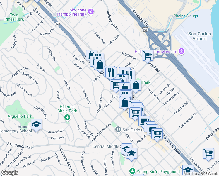map of restaurants, bars, coffee shops, grocery stores, and more near 391 Laurel Street in San Carlos