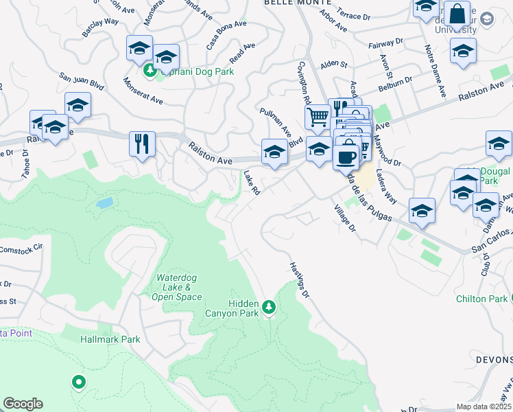 map of restaurants, bars, coffee shops, grocery stores, and more near 2411 Carlmont Drive in Belmont
