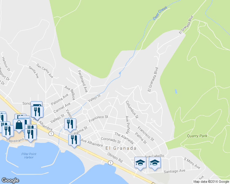 map of restaurants, bars, coffee shops, grocery stores, and more near 160 Dolores Street in Half Moon Bay