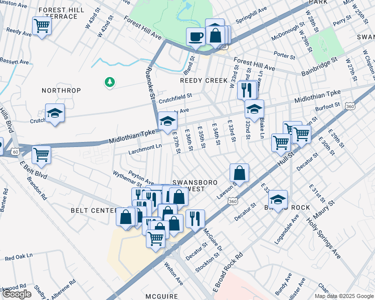 map of restaurants, bars, coffee shops, grocery stores, and more near 24 East 36th Street in Richmond