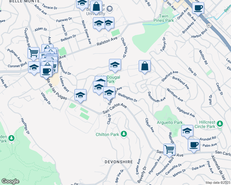 map of restaurants, bars, coffee shops, grocery stores, and more near 688 Dartmouth Avenue in San Carlos