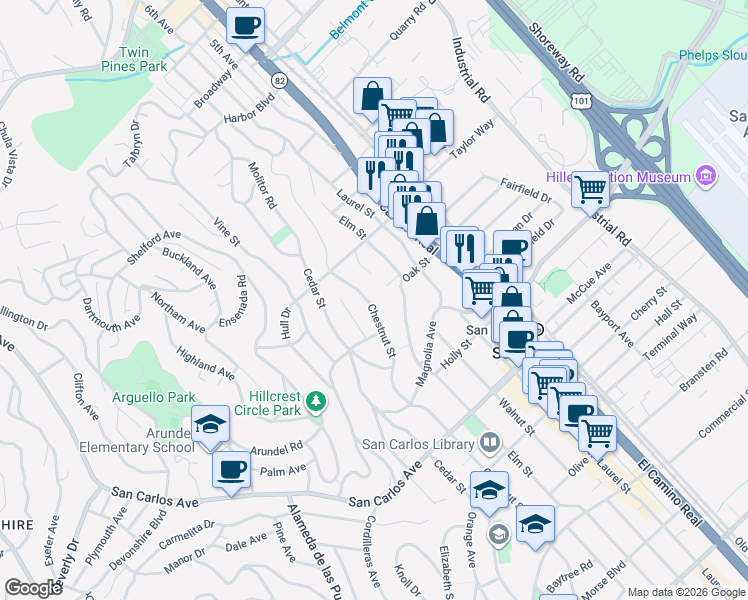 map of restaurants, bars, coffee shops, grocery stores, and more near 265 Chestnut Street in San Carlos