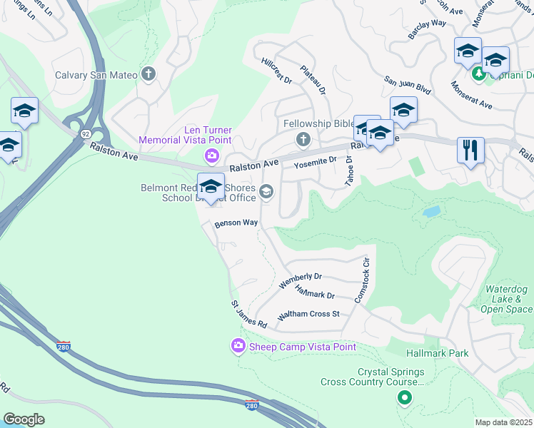 map of restaurants, bars, coffee shops, grocery stores, and more near 2908 Hallmark Drive in Belmont