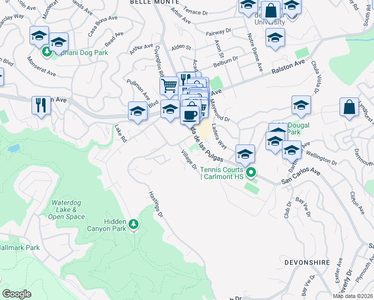 map of restaurants, bars, coffee shops, grocery stores, and more near 1110 Alameda de las Pulgas in Belmont