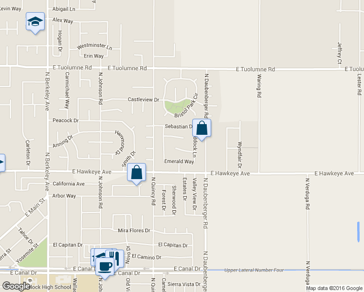 map of restaurants, bars, coffee shops, grocery stores, and more near 2625 Carriage Court in Turlock