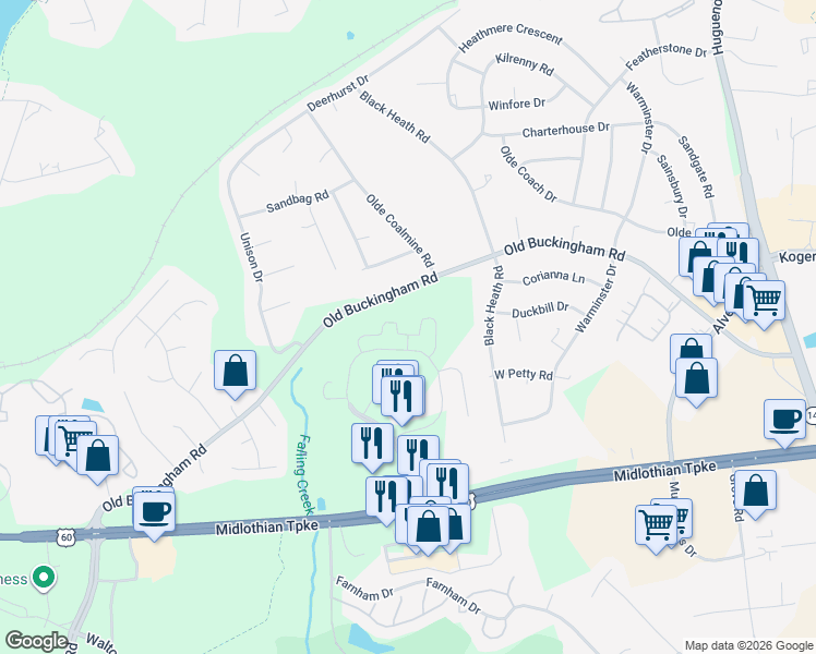 map of restaurants, bars, coffee shops, grocery stores, and more near 12301 Old Buckingham Road in Midlothian