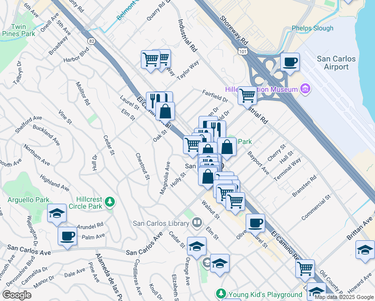 map of restaurants, bars, coffee shops, grocery stores, and more near 391 Laurel Street in San Carlos
