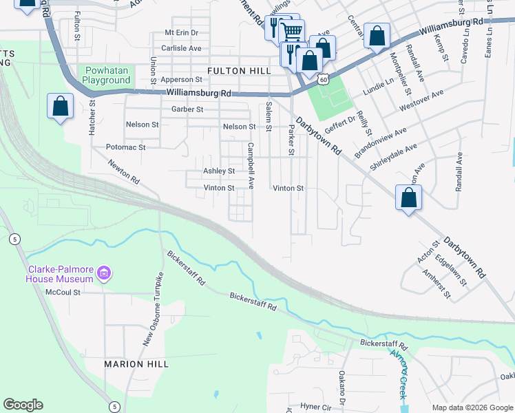 map of restaurants, bars, coffee shops, grocery stores, and more near 5514 Campbell Avenue in Richmond