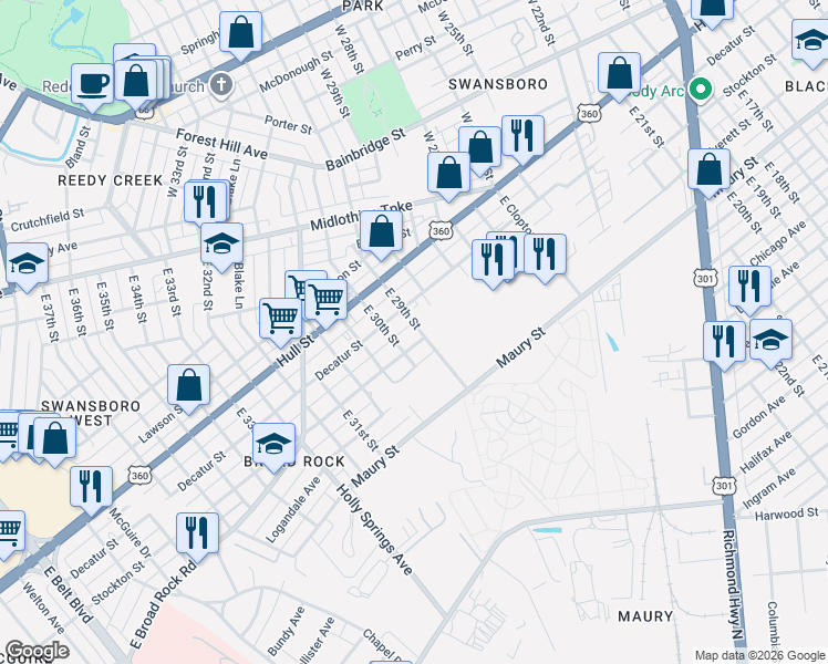 map of restaurants, bars, coffee shops, grocery stores, and more near 2804 Decatur Street in Richmond