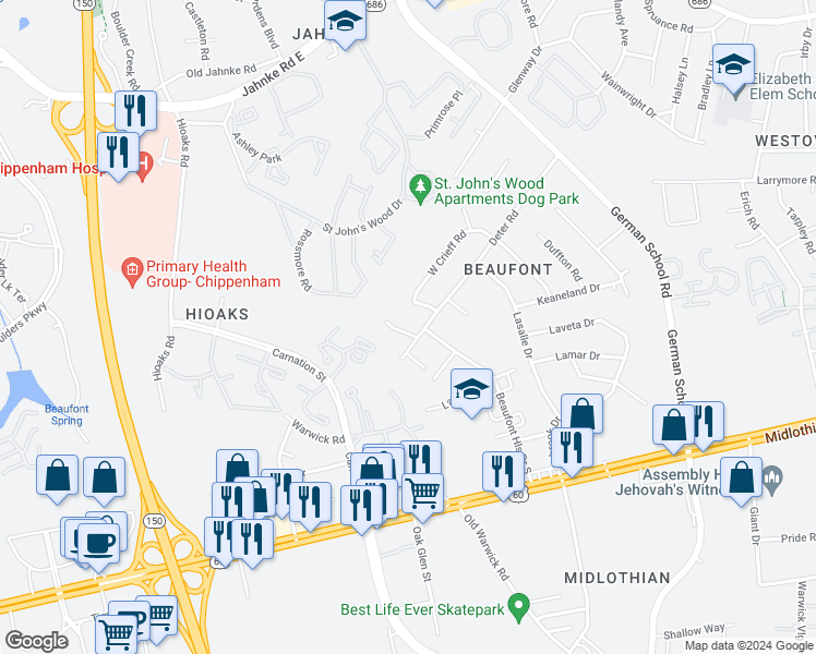 map of restaurants, bars, coffee shops, grocery stores, and more near 505 Vaden Drive in Richmond