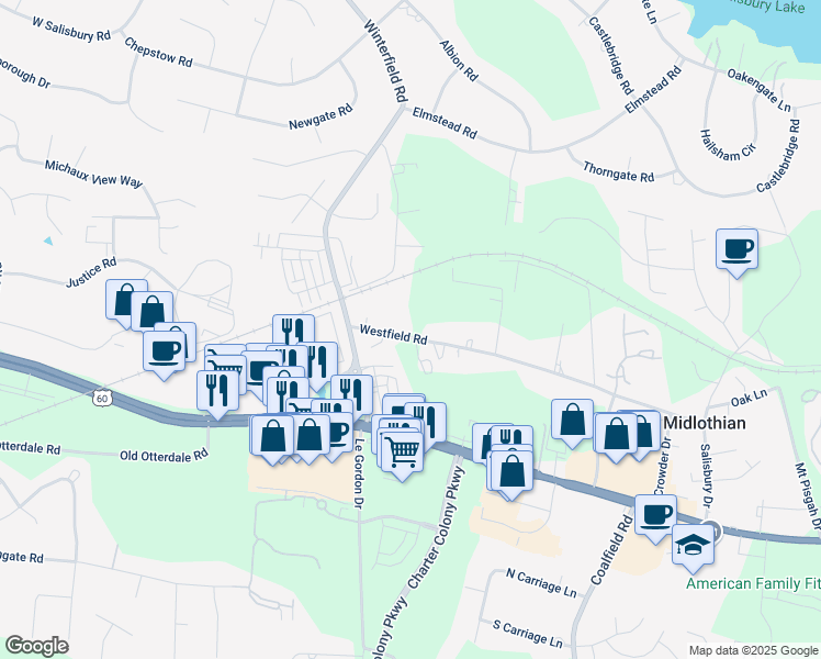 map of restaurants, bars, coffee shops, grocery stores, and more near 14020 Westfield Road in Midlothian
