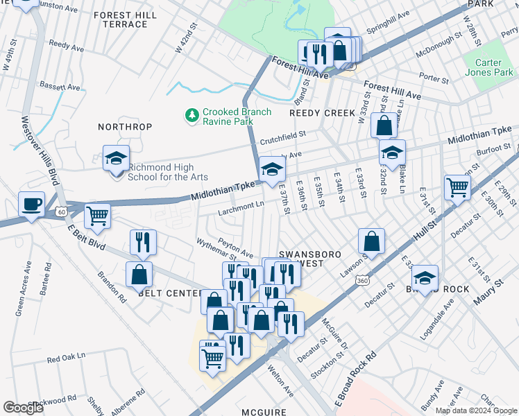 map of restaurants, bars, coffee shops, grocery stores, and more near 100 East Roanoke Street in Richmond