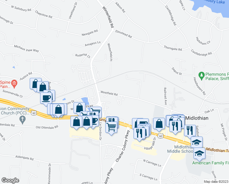 map of restaurants, bars, coffee shops, grocery stores, and more near 14020 Westfield Road in Midlothian