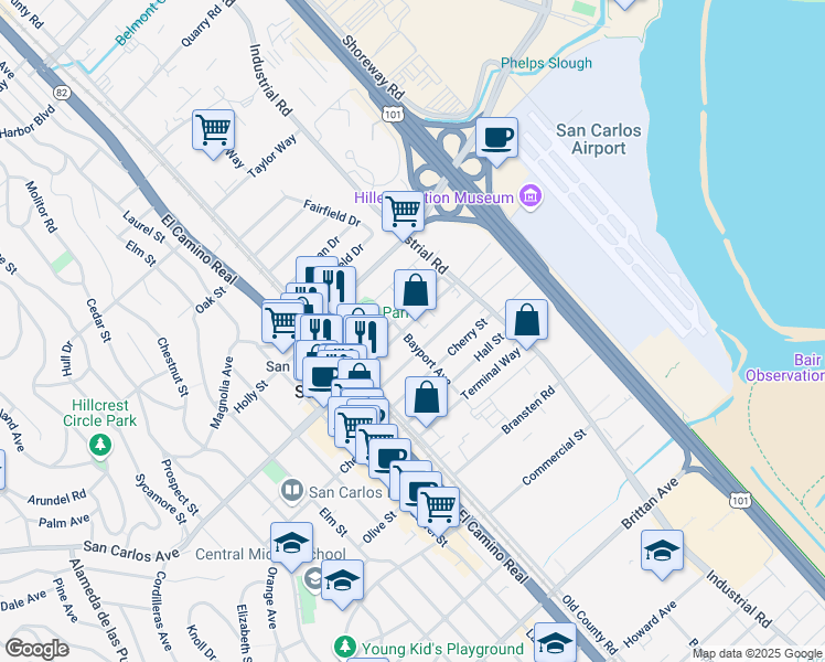 map of restaurants, bars, coffee shops, grocery stores, and more near 993 East San Carlos Avenue in San Carlos