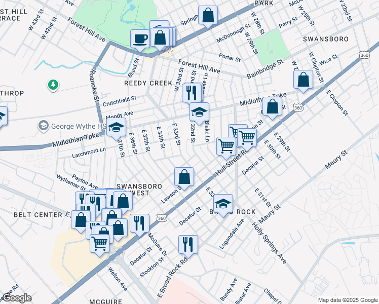 map of restaurants, bars, coffee shops, grocery stores, and more near 46 E 32nd St in Richmond