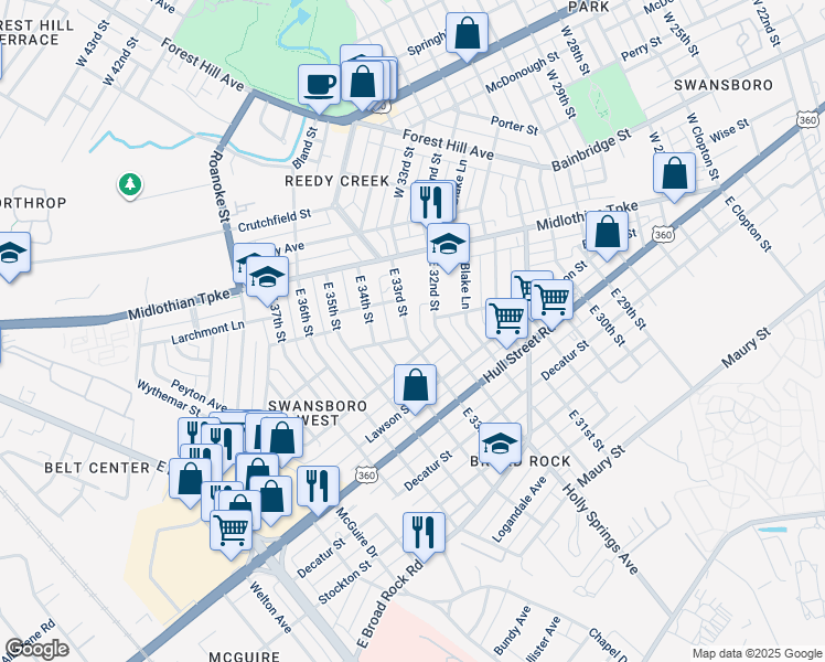 map of restaurants, bars, coffee shops, grocery stores, and more near 119 East 33rd Street in Richmond