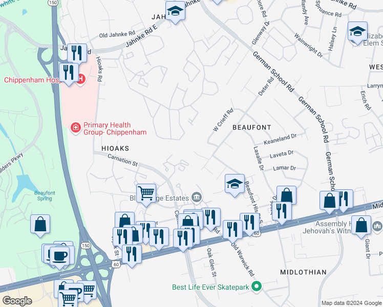 map of restaurants, bars, coffee shops, grocery stores, and more near 522 Vaden Drive in Richmond