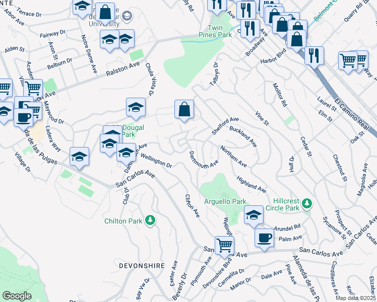 map of restaurants, bars, coffee shops, grocery stores, and more near 387 Dartmouth Avenue in San Carlos