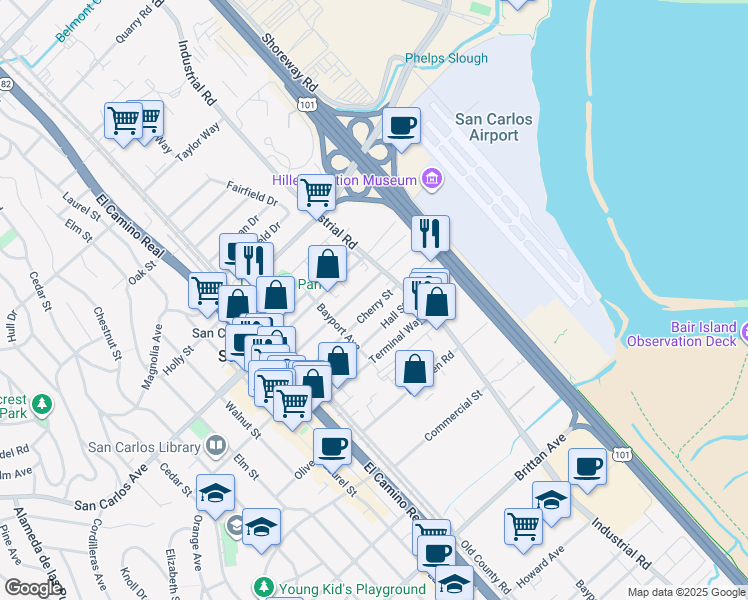 map of restaurants, bars, coffee shops, grocery stores, and more near 949 Montgomery Street in San Carlos