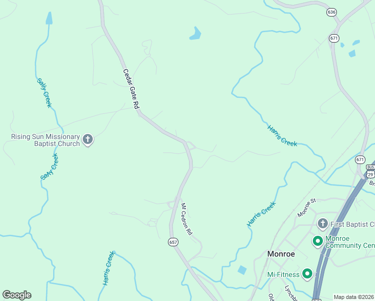 map of restaurants, bars, coffee shops, grocery stores, and more near State Route 657 in Amherst County