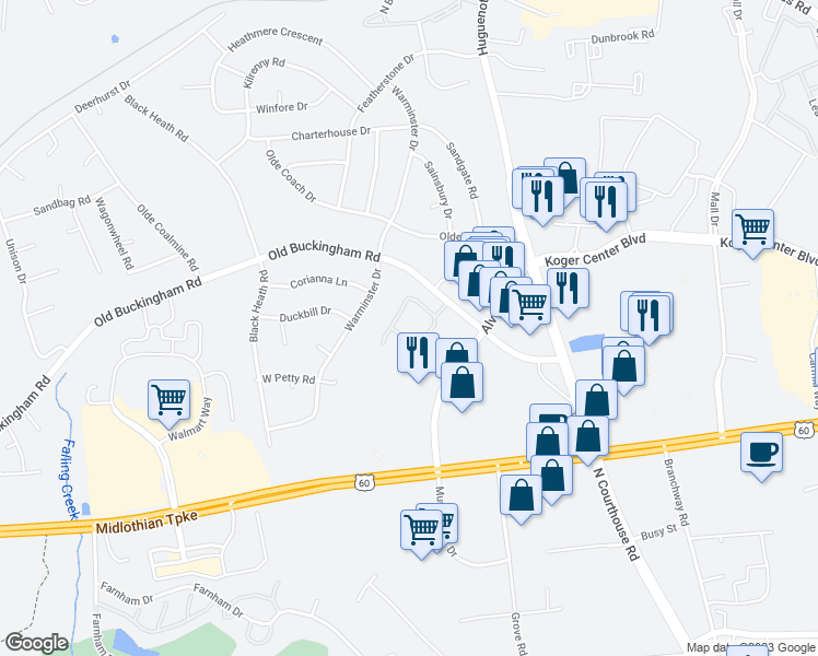 map of restaurants, bars, coffee shops, grocery stores, and more near 1421 Tannery Circle in Midlothian