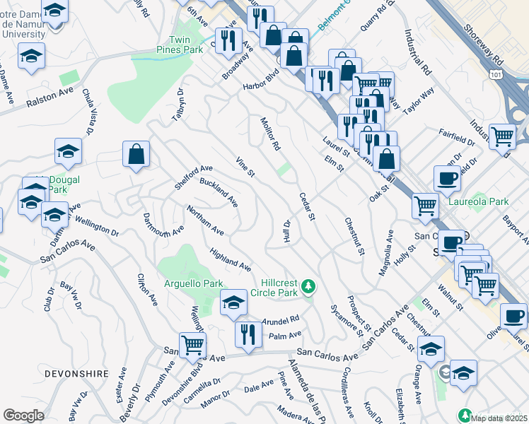 map of restaurants, bars, coffee shops, grocery stores, and more near 58 Hillcrest Road in San Carlos