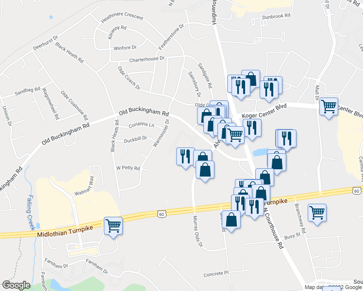 map of restaurants, bars, coffee shops, grocery stores, and more near 1402 Tannery Circle in Midlothian