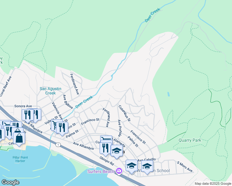 map of restaurants, bars, coffee shops, grocery stores, and more near 243 Del Monte Road in El Granada