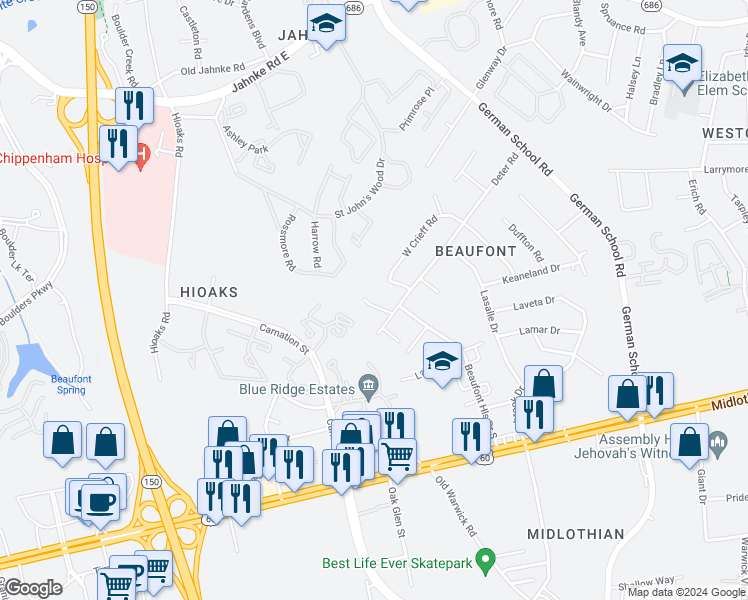 map of restaurants, bars, coffee shops, grocery stores, and more near 513 Vaden Drive in Richmond