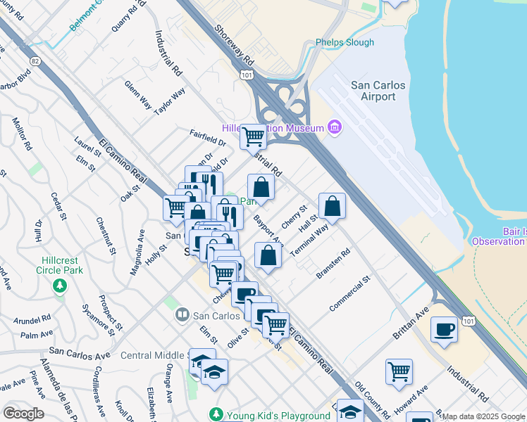 map of restaurants, bars, coffee shops, grocery stores, and more near 993 East San Carlos Avenue in San Carlos