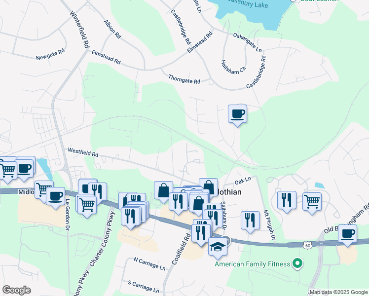 map of restaurants, bars, coffee shops, grocery stores, and more near 1448 Sycamore Mews Circle in Midlothian