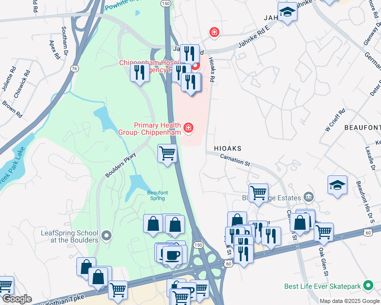 map of restaurants, bars, coffee shops, grocery stores, and more near 400 Hioaks Road in Richmond