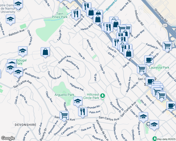 map of restaurants, bars, coffee shops, grocery stores, and more near 58 Hillcrest Road in San Carlos