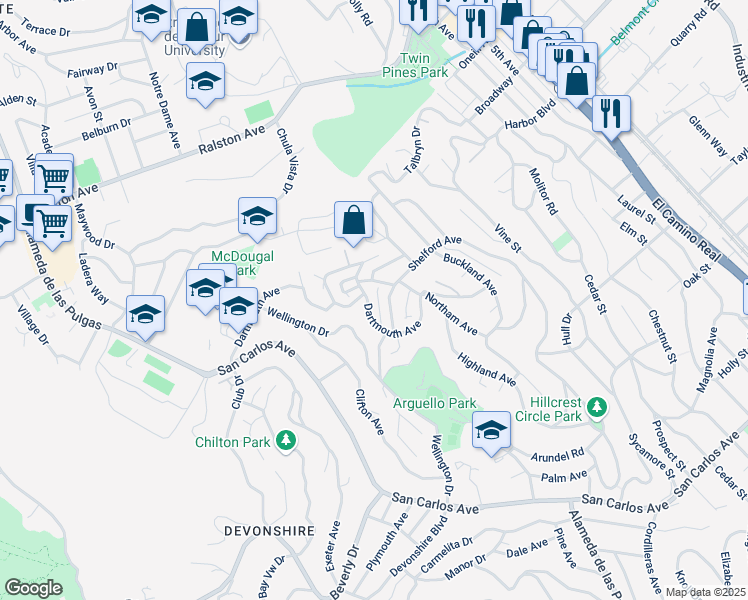 map of restaurants, bars, coffee shops, grocery stores, and more near 387 Dartmouth Avenue in San Carlos