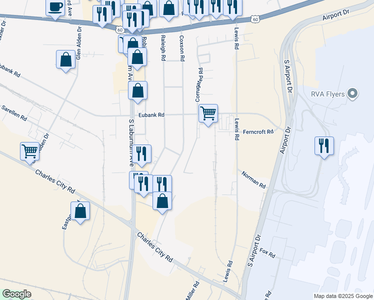 map of restaurants, bars, coffee shops, grocery stores, and more near 5419 Coxson Road in Richmond