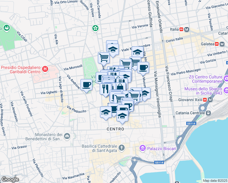 map of restaurants, bars, coffee shops, grocery stores, and more near 1 Via Al Carmine in Catania