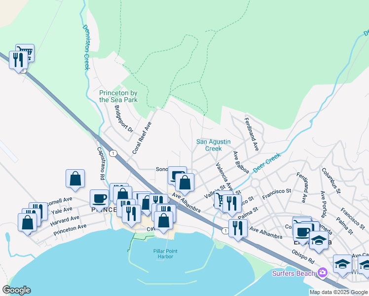 map of restaurants, bars, coffee shops, grocery stores, and more near 127 Madrona Avenue in El Granada
