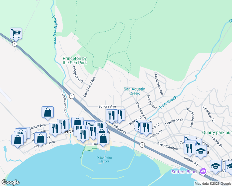 map of restaurants, bars, coffee shops, grocery stores, and more near 127 Madrona Avenue in El Granada